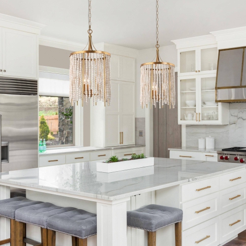 Farmhouse Kitchen Island Pendant Light, 3-Light Antique Gold Candlestick Chandelier Light with Wooden Beads