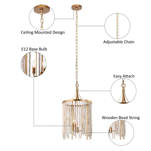 Farmhouse Kitchen Island Pendant Light, 3-Light Antique Gold Candlestick Chandelier Light with Wooden Beads