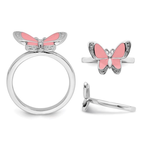 Sterling Silver Pink Enamel Butterfly Ring