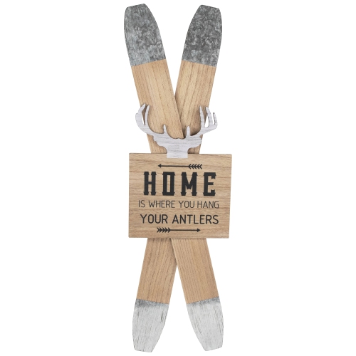 Wooden "Home is Where You Hang Your Antlers" Ski's Christmas Wall Sign - 35.75"