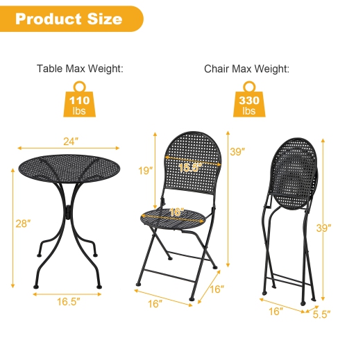 Gymax 3 PCS Patio Bistro Set All-weather Metal Table & Chair Set for 2 Person Modern Furniture Set