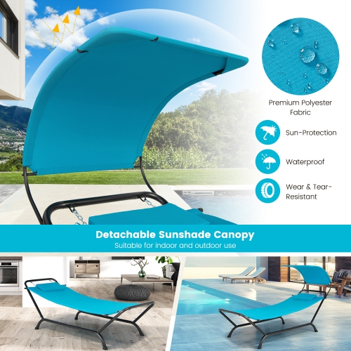 Gymax Chaise Lounge Bed w/ Detachable Sunshade Canopy Hammock w/ Rustproof Metal Stand