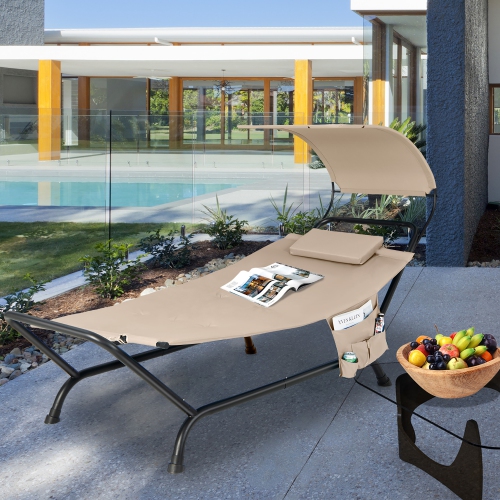 Gymax Chaise Lounge Bed w/ Detachable Sunshade Canopy Hammock w/ Rustproof Metal Stand