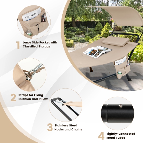Gymax Chaise Lounge Bed w/ Detachable Sunshade Canopy Hammock w/ Rustproof Metal Stand