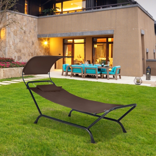 Gymax Chaise Lounge Bed w/ Detachable Sunshade Canopy Hammock w/ Rustproof Metal Stand