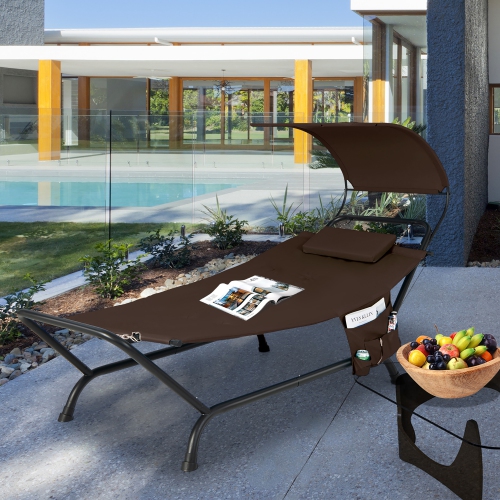 Gymax Chaise Lounge Bed w/ Detachable Sunshade Canopy Hammock w/ Rustproof Metal Stand
