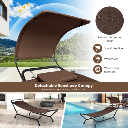 Gymax Chaise Lounge Bed w/ Detachable Sunshade Canopy Hammock w/ Rustproof Metal Stand