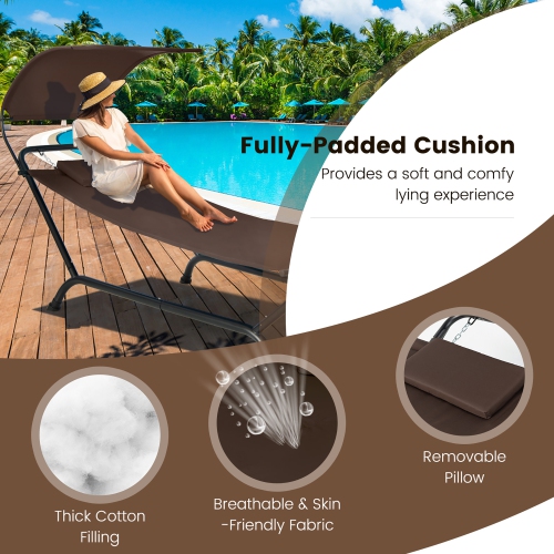 Gymax Chaise Lounge Bed w/ Detachable Sunshade Canopy Hammock w/ Rustproof Metal Stand