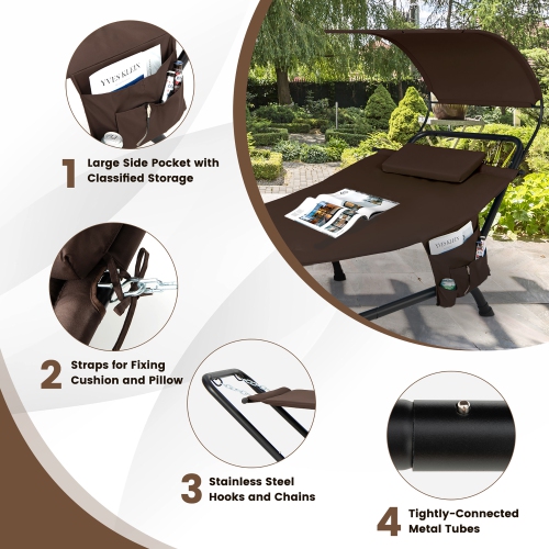 Gymax Chaise Lounge Bed w/ Detachable Sunshade Canopy Hammock w/ Rustproof Metal Stand