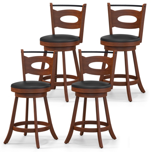 Gymax Set of 4 360° Swivel Bar Stools Dining Chairs Rubber Wood Leather Padded Seat Brown & Black