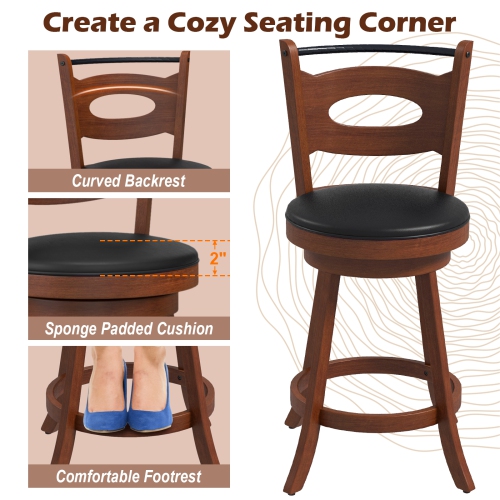 Gymax Set of 4 360° Swivel Bar Stools Dining Chairs Rubber Wood Leather Padded Seat Brown & Black