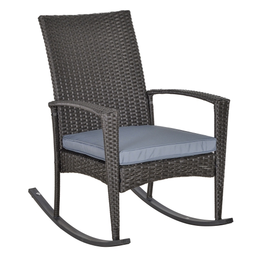 Image 1 de 9.. Chaise berçante extérieure en rotin de polyéthylène Outsunny, fauteuil coulissant en osier avec accoudoir et coussin pour patio, balcon, terrasse,