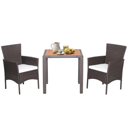 GYMAX  Set Of 3 Wicker Dining Set Acacia Wood Table Top W/ Cushioned Chairs Patio Garden