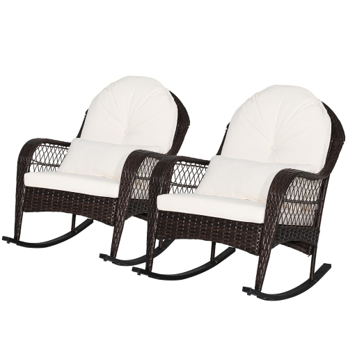 Gymax 2PCS Patio Wicker Rocking Chair w/ White Seat Cushions & Lumbar Pillow Porch