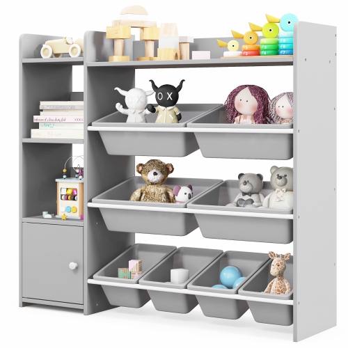 GYMAX  4-Tier Kids Toy Storage Organizer Bookshelf W/ 8 Toy Organizer Bins Door