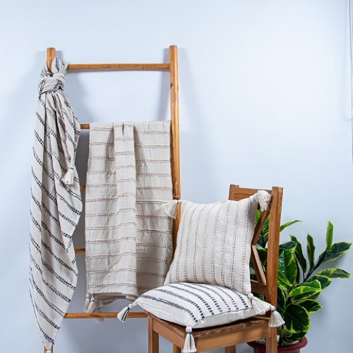 F. Corriveau International - Natural Striped Throw, Indoor/Outdoor, 50" x 60"