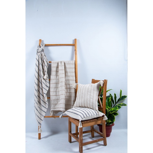 F. Corriveau International - Natural Striped Throw, Indoor/Outdoor, 50" x 60"
