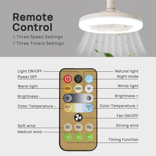 Ventilateur DEL intelligent de 30&nbsp;W, ventilateur de plafond fermé avec télécommande, 3 modes de couleur, ventilateur à 3 niveaux, douille E26