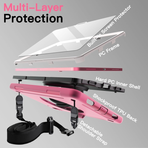 iPad 10 avec protecteur d'écran intégré, étui protecteur antichoc robuste pour tablette, dragonne rotative à 360 degrés (rose)