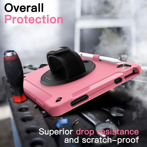 iPad 10 avec protecteur d'écran intégré, étui protecteur antichoc robuste pour tablette, dragonne rotative à 360 degrés (rose)