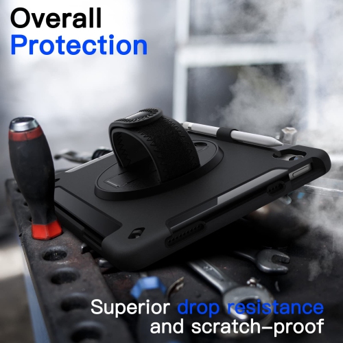 IPad 10 with Built-in Screen Protector, Protective Shockproof Rugged Tablet Cover, 360 Degree Rotating Hand Strap Stand (Black)