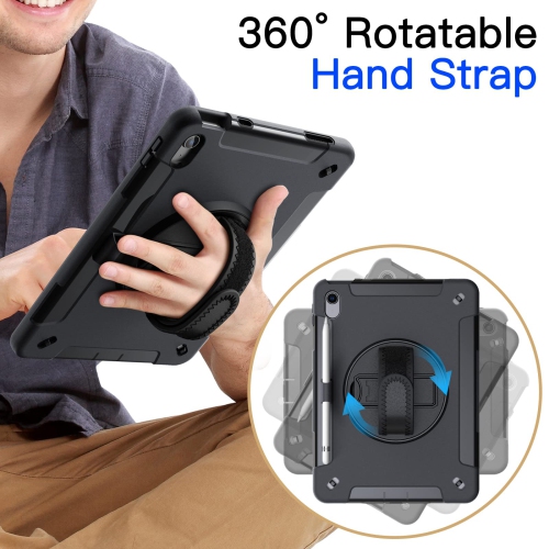 IPad 10 with Built-in Screen Protector, Protective Shockproof Rugged Tablet Cover, 360 Degree Rotating Hand Strap Stand (Black)