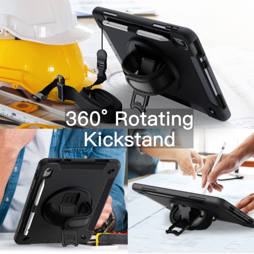 IPad 10 with Built-in Screen Protector, Protective Shockproof Rugged Tablet Cover, 360 Degree Rotating Hand Strap Stand (Black)