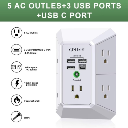 USB Wall Charger, Surge Protector, 5 Outlet Extender with 4 USB Charging Ports 3-Sided 1680J Power Strip Multi Plug Outlets Wall Adapter Spaced for