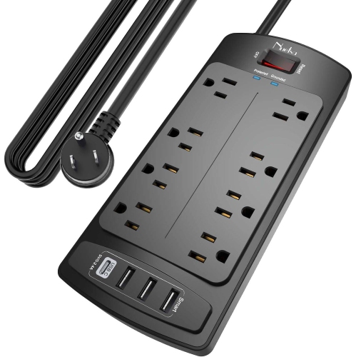 VECELOLIBILIS  Surge Protector Power, 10Ft Extension Cord Indoor(1625W/13A) With 8-Ac Outlets And 4 USB Ports(3U1C), Flat Plug, 2700 Joules, Etl Listed