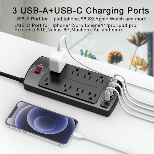 Barres d'alimentation avec parasurtenseur, barre d'alimentation à 8 prises et 4 ports USB, rallonge de 6 pi, 2700 joules, certification ETL, noir