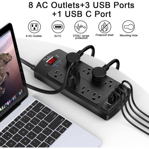 Barres d'alimentation avec parasurtenseur, barre d'alimentation à 8 prises et 4 ports USB, rallonge de 6 pi, 2700 joules, certification ETL, noir