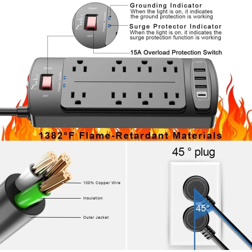 Barres d'alimentation avec parasurtenseur, barre d'alimentation à 8 prises et 4 ports USB, rallonge de 6 pi, 2700 joules, certification ETL, noir