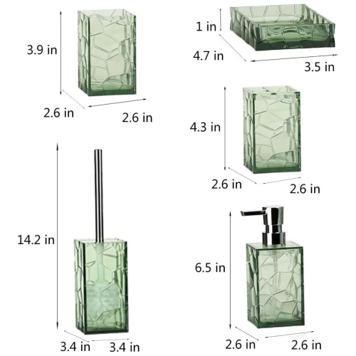 Green 5 Pieces Acrylic Bathroom Accessory Set, with Lotion Dispenser, Soap Dish, Tumbler, Toothbrush Holder, Toilet Brush Set, Elegant Bathroom Decor