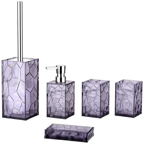 Purple 5 Pieces Acrylic Bathroom Accessory Set, with Lotion Dispenser, Soap Dish, Tumbler, Toothbrush Holder, Toilet Brush Set, Elegant Bathroom Decor