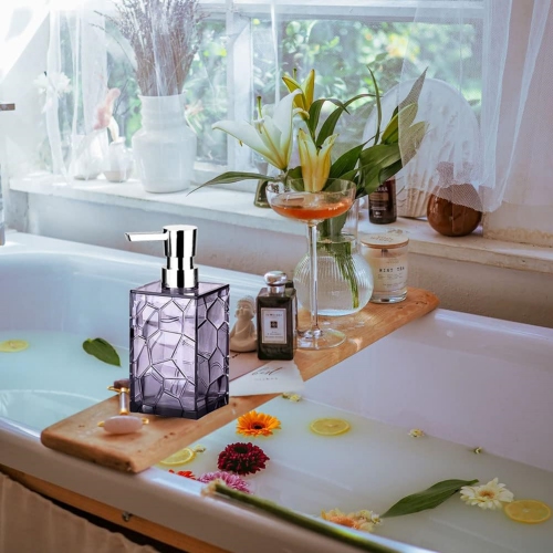 Purple 5 Pieces Acrylic Bathroom Accessory Set, with Lotion Dispenser, Soap Dish, Tumbler, Toothbrush Holder, Toilet Brush Set, Elegant Bathroom Decor