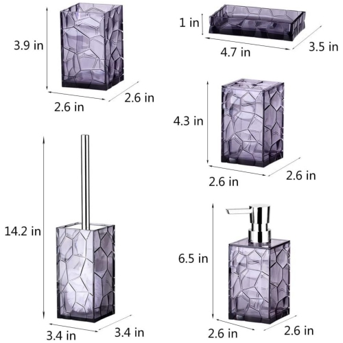 Purple 5 Pieces Acrylic Bathroom Accessory Set, with Lotion Dispenser, Soap Dish, Tumbler, Toothbrush Holder, Toilet Brush Set, Elegant Bathroom Decor