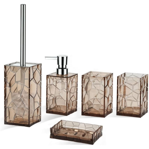 Brown 5 Pieces Acrylic Bathroom Accessory Set, with Lotion Dispenser, Soap Dish, Tumbler, Toothbrush Holder, Toilet Brush Set, Elegant Bathroom Decor