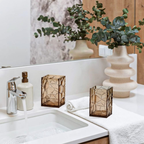 Brown 5 Pieces Acrylic Bathroom Accessory Set, with Lotion Dispenser, Soap Dish, Tumbler, Toothbrush Holder, Toilet Brush Set, Elegant Bathroom Decor