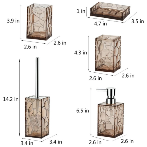 Brown 5 Pieces Acrylic Bathroom Accessory Set, with Lotion Dispenser, Soap Dish, Tumbler, Toothbrush Holder, Toilet Brush Set, Elegant Bathroom Decor