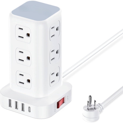 VECELOLIBILIS  Power Strip Tower Surge Protector Power Strip \w USB 12 Outlets \w 4 USB Ports (1 USB C), Flat Plug 6Ft Extension Cord Multi Plug