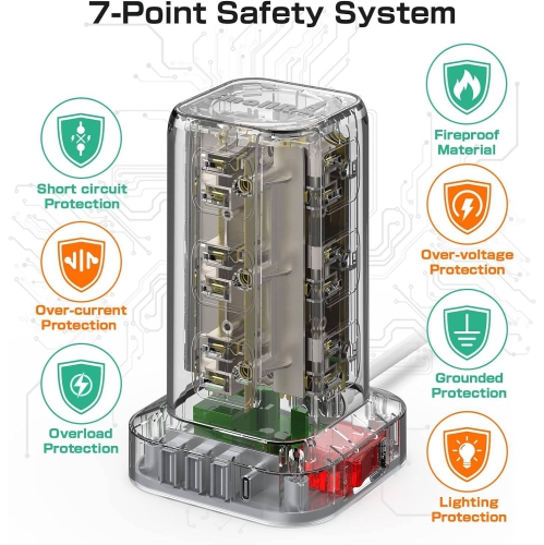 Barre d'alimentation avec parasurtenseur vertical et 12 prises USB avec 4 ports USB, prise plate, rallonge de 6FT m, protection contre les surcharges