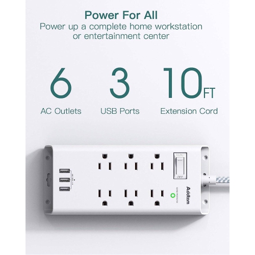 Power Strip Surge Protector, 10Ft Long Extension Cord with 6 Outlets and 3 USB Ports, Flat Plug Overload Surge Protection Outlet Strip, Wall Mount