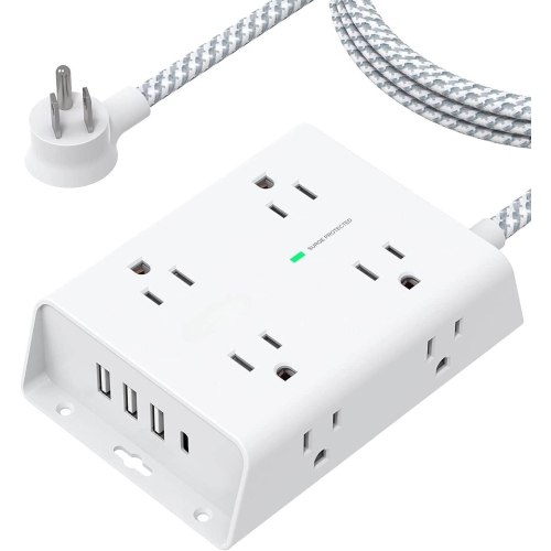 Image 1 de 5.. Parasurtenseur, 8 prises avec 4 ports USB, prolongateur de prise à 3 côtés avec rallonge de 5ft m, fiche plate, support mural
