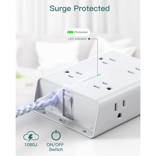 Surge Protector Power Bar, 8 Widely Outlets with 4 USB Ports(1 USB C Outlet), 3-Side Outlet Extender Strip with 5Ft Extension Cord, Flat Plug, Wall