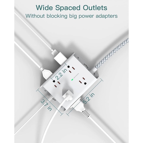 Surge Protector Power Bar, 8 Widely Outlets with 4 USB Ports(1 USB C Outlet), 3-Side Outlet Extender Strip with 5Ft Extension Cord, Flat Plug, Wall