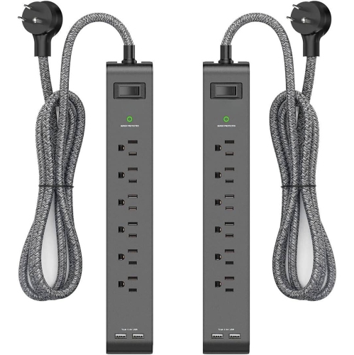 VECELOLIBILIS  2 Pack Power Bar, Extension Cord \w 6 Outlets 2 USB Ports, Surge Protector Heavy-Duty Braided Extension Cords 15A Circuit Breaker Wall