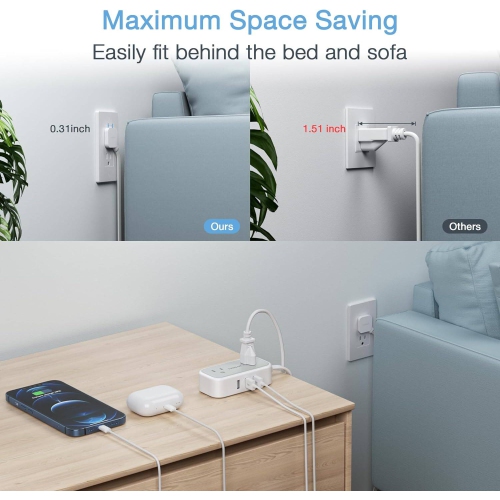 Barre d'alimentation mince à fiche plate avec USB, petit cordon d'extension intérieur avec 2 prolongateurs de prise et 3 ports USB, barre