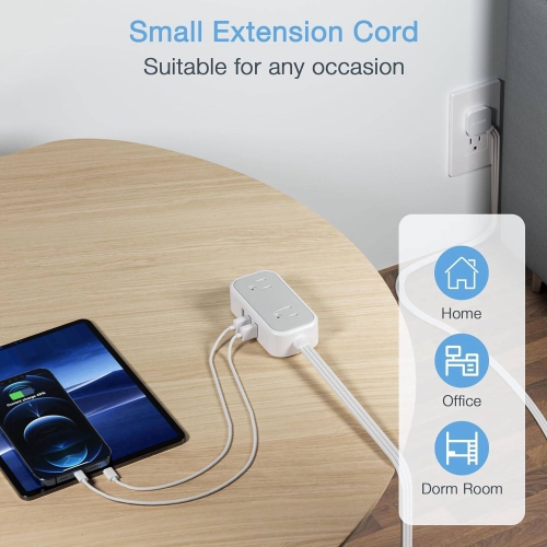 Barre d'alimentation mince à fiche plate avec USB, petit cordon d'extension intérieur avec 2 prolongateurs de prise et 3 ports USB, barre