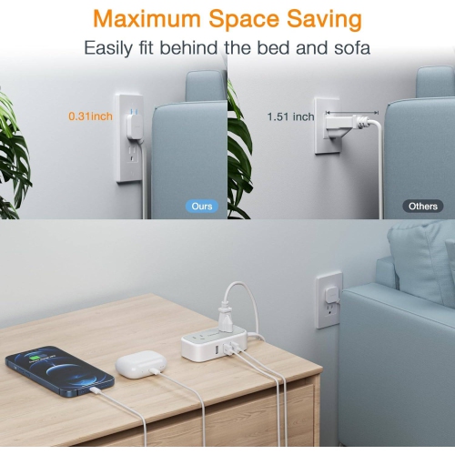 Ultra Thin Flat Plug Power bar 10ft, Flat Extension Cord Indoor with 3 Outlet Extender, 3 USB Charging Station, Small USB Power Strip for Home