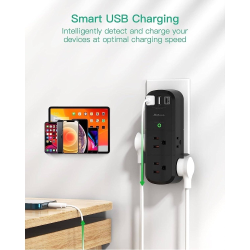 USB Outlet Extender Surge Protector with Rotating Plug, 6 AC Multi Plug Outlet and 3 USB Ports, 3-Sided Swivel Power Strip with Spaced Outlet